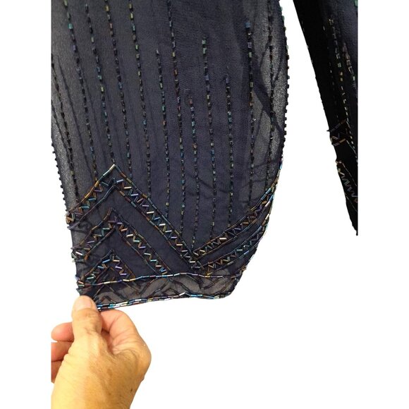 Vintage 2X Sheer Beaded Sequin Jacket Art Deco Evening Cocktail Wrap Dark Blue - Picture 11 of 12